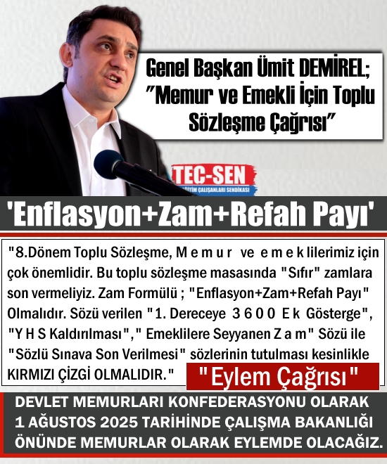 TOPLU SÖZLEŞME ÇAĞRISI : "01 Ağustos 2025 tarihinde Çalışma Bakanlığı Önünde Tüm Gücümüzle Eylemde Olacağız! "

"8.Dönem Toplu Sözleşme, #Memur   ve  #emeklilerimiz için çok önemlidir. Bu toplu sözleşme masasında "Sıfır" zamlara son vermeliyiz. Zam Formülü ; #enflasyon +#Zam +