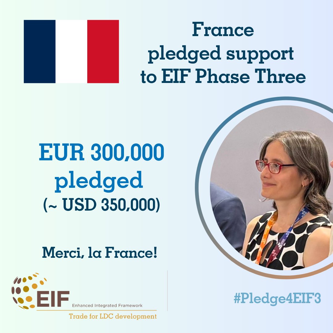 EIF4LDCs's tweet image. 🚨 A new pledge to EIF Phase Three!
At #FFD4, #France pledged EUR 300K to support trade and development in the world’s #LDCs. Announced by Ms Shanti Bobin from the Ministry of Economy & Finance.
🙏Merci 🇫🇷, for backing inclusive trade through the EIF partnership!
#Pledge4EIF3