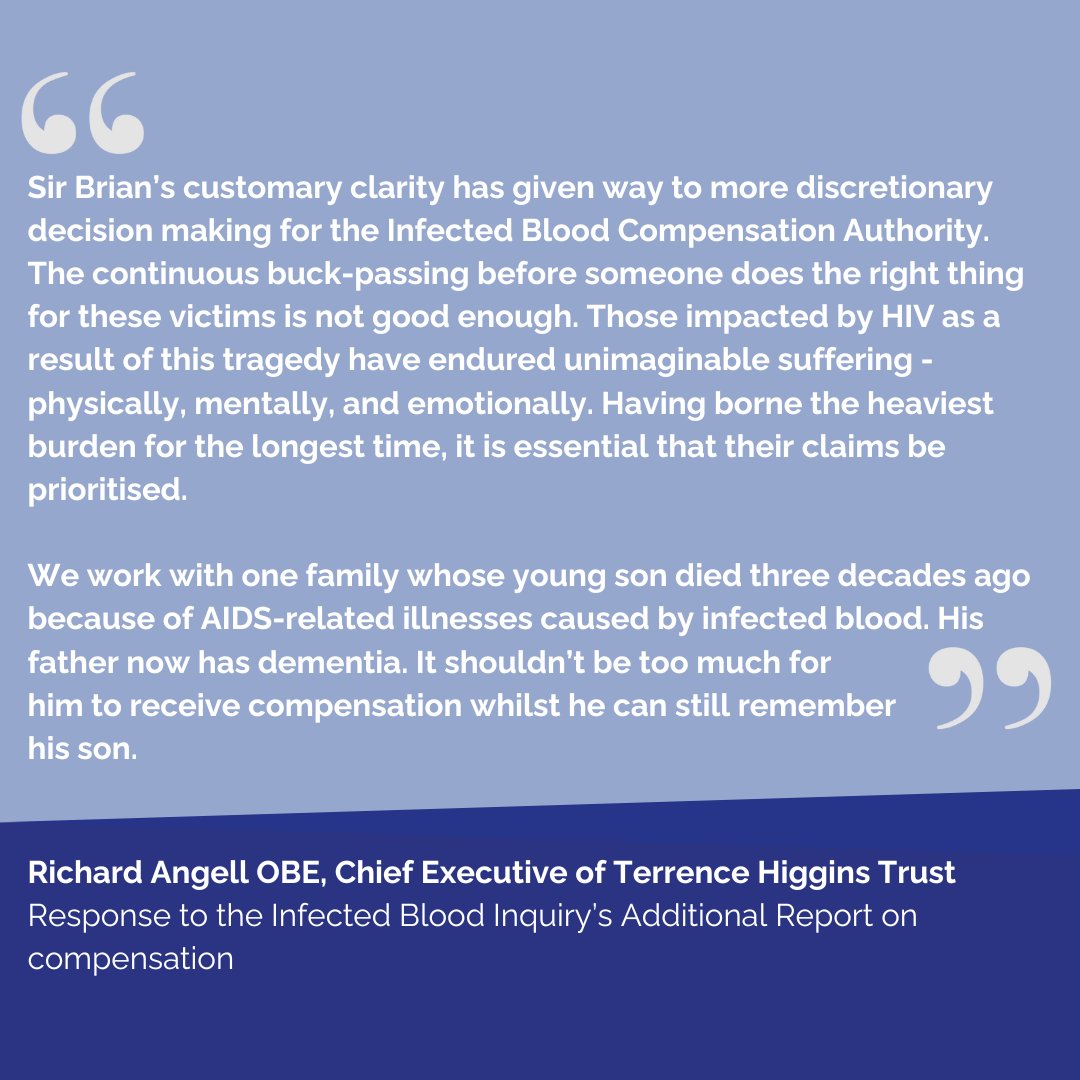 THTorguk's tweet image. "We need faster and fairer progress, and those who have been waiting the longest, experiencing AIDS, early treatments and loss-after-loss, deserve to be prioritised."
Our Chief Executive @RichardAngell responds to the new @bloodinquiry report on compensation.