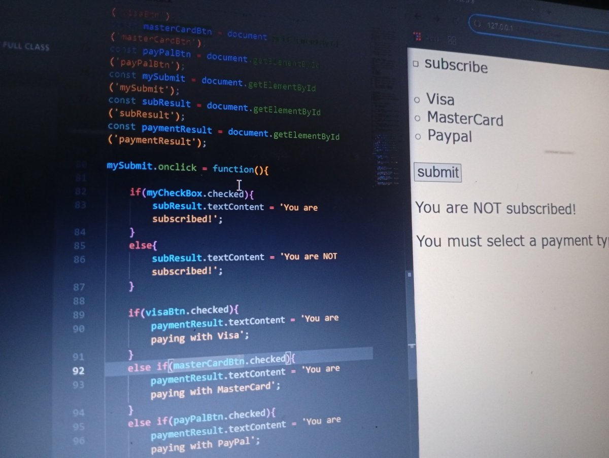 fawaz_isho33190's tweet image. Day 24 ✅ #30DaysCodingChallenge
Practiced JS form interaction checkboxes ✅ &amp;amp; radio buttons 🔘  
Checked if a user is subscribed &amp;amp; picked a payment method.  
Conditionals + DOM skills getting sharper!  

#30DaysOfCode #FrontendDev #JavaScript
