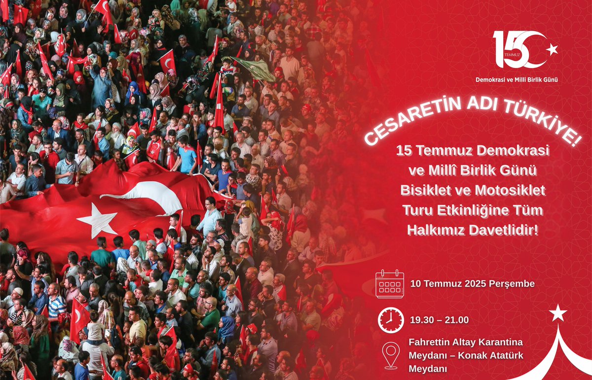 📢 15 Temmuz Demokrasi ve Millî Birlik Günü kapsamında, Bisiklet ve Motosiklet Turu Etkinliğine tüm halkımız davetlidir.

🇹🇷 Ay-yıldızlı bayraklarımız eşliğinde gerçekleşecek bu anlamlı etkinlikte sizleri de aramızda görmekten onur duyarız.