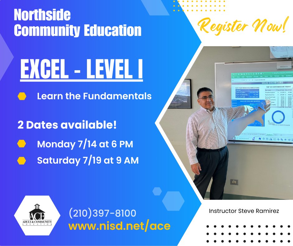 NISD_ComEd's tweet photo. Boost your skills! 🚀 Join our Excel Level I - Fundamentals course. Learn navigation, data management &amp; formulas.

Choose your date!  Taught by Steve Ramirez at Northside Learning Center. Register today! 
#CommunityEducation #NISD #LearnForLife https://t.co/spZfk0xBWB