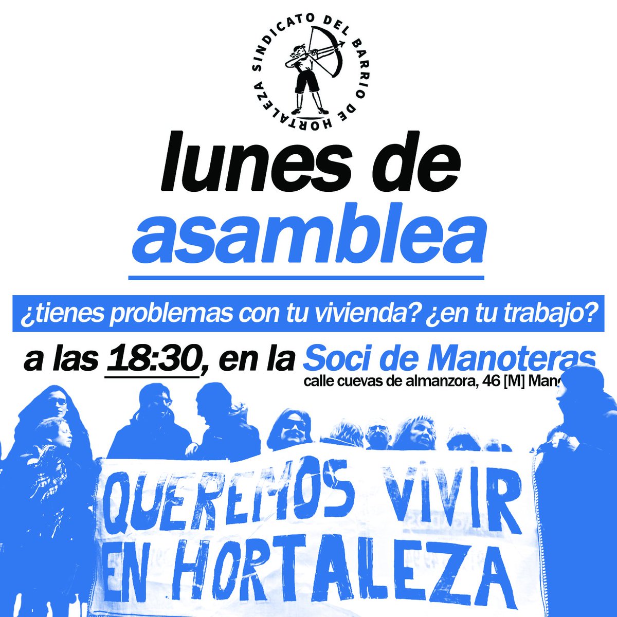 Hortaleza Periódico (@hortalezapv) on Twitter photo 🫂 ¿Tienes problemas con tu vivienda o en tu trabajo?
No te pierdas la asamblea semanal del <a href="/SindiHortaleza/">Sindicato del Barrio de Hortaleza</a>
📌 LUNES 14 de julio a las 18.30 h en el local de la <a href="/soci_manoteras/">A.V. Manoteras-La Soci ☎️91 766 08 66</a> (calle Cuevas de Almanzora, 46) 🫂 ¿Tienes problemas con tu vivienda o en tu trabajo?
No te pierdas la asamblea semanal del <a href="/SindiHortaleza/">Sindicato del Barrio de Hortaleza</a>
📌 LUNES 14 de julio a las 18.30 h en el local de la <a href="/soci_manoteras/">A.V. Manoteras-La Soci ☎️91 766 08 66</a> (calle Cuevas de Almanzora, 46)