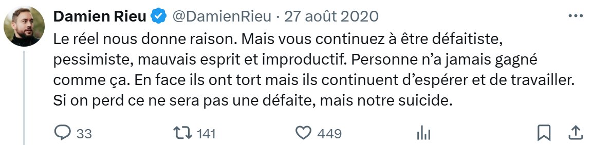 On préférait tous le Damien Rieu de 2020.
Celui de 2025 ne pense qu’à sa boutique marionniste et plus à la France.