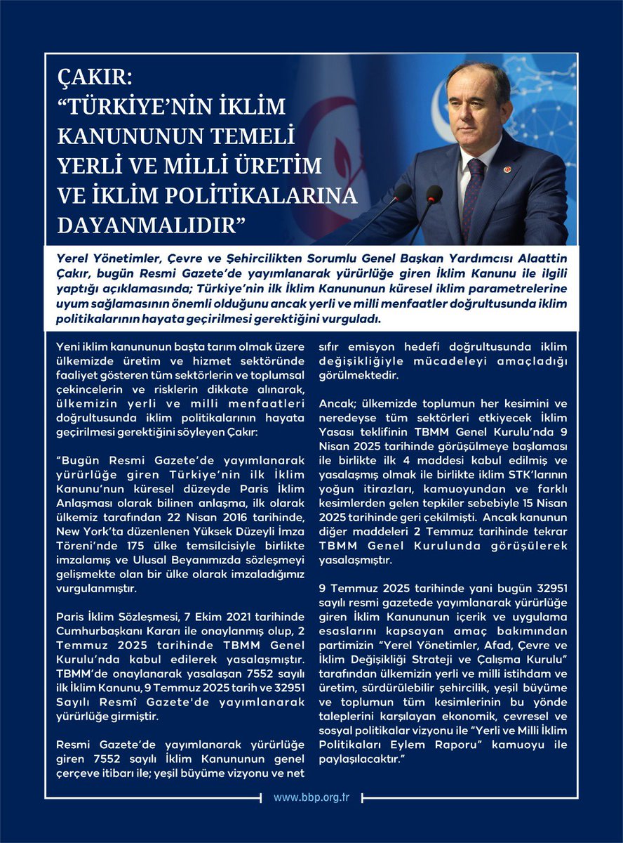 BBP YEREL YÖNETİMLER (@bbpyerelyonetim) on Twitter photo Yerel Yönetimler, Çevre ve Şehircilikten Sorumlu Genel Başkan Yardımcımız sayın Alaattin Çakır:
“Türkiye’nin iklim kanununun temeli; yerli ve milli üretim ve iklim politikalarına dayanmalıdır.”
<a href="/bbpgenelmerkez/">BÜYÜK BİRLİK PARTİSİ</a>
<a href="/AlaattinCakir07/">Alaattin Ç A K I R 🇹🇷</a> Yerel Yönetimler, Çevre ve Şehircilikten Sorumlu Genel Başkan Yardımcımız sayın Alaattin Çakır:
“Türkiye’nin iklim kanununun temeli; yerli ve milli üretim ve iklim politikalarına dayanmalıdır.”
<a href="/bbpgenelmerkez/">BÜYÜK BİRLİK PARTİSİ</a>
<a href="/AlaattinCakir07/">Alaattin Ç A K I R 🇹🇷</a>