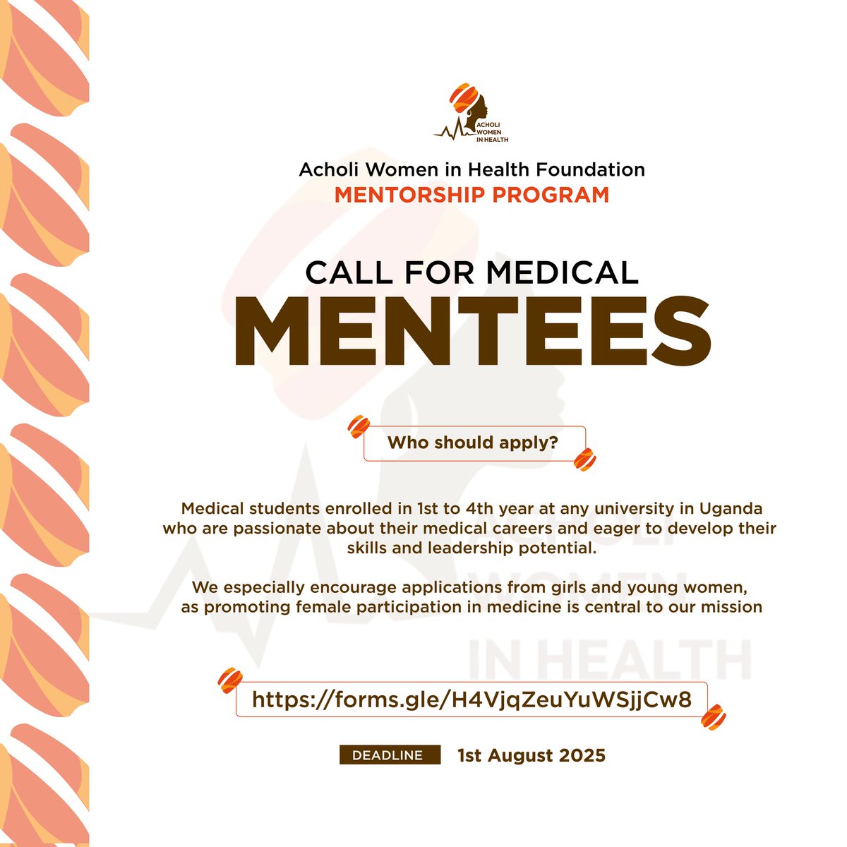 OdoraSteph's tweet image. At @acholiwomen we value the greatness and impacts of mentorship at every stage of life.
We are calling for Ugandan medical students in their 1st to 4th year to apply for our amazing and impactful #Mentorship program.
You can apply through: forms.gle/ughuLMYgAk28dz…