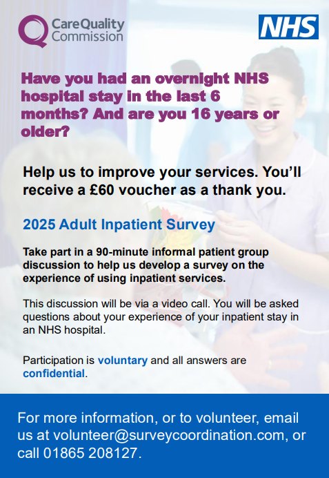 Have you had an overnight NHS hospital stay in the last 6 months in Sheffield? Are you 16 years or older?

Take part in an informal patient group discussion to help develop a survey on the experience of using inpatient services. You'll receive a £60 voucher as a thank you.