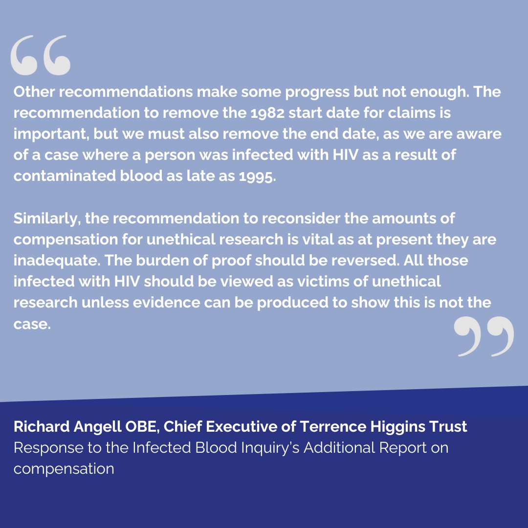 THTorguk's tweet image. "We need faster and fairer progress, and those who have been waiting the longest, experiencing AIDS, early treatments and loss-after-loss, deserve to be prioritised."
Our Chief Executive @RichardAngell responds to the new @bloodinquiry report on compensation.