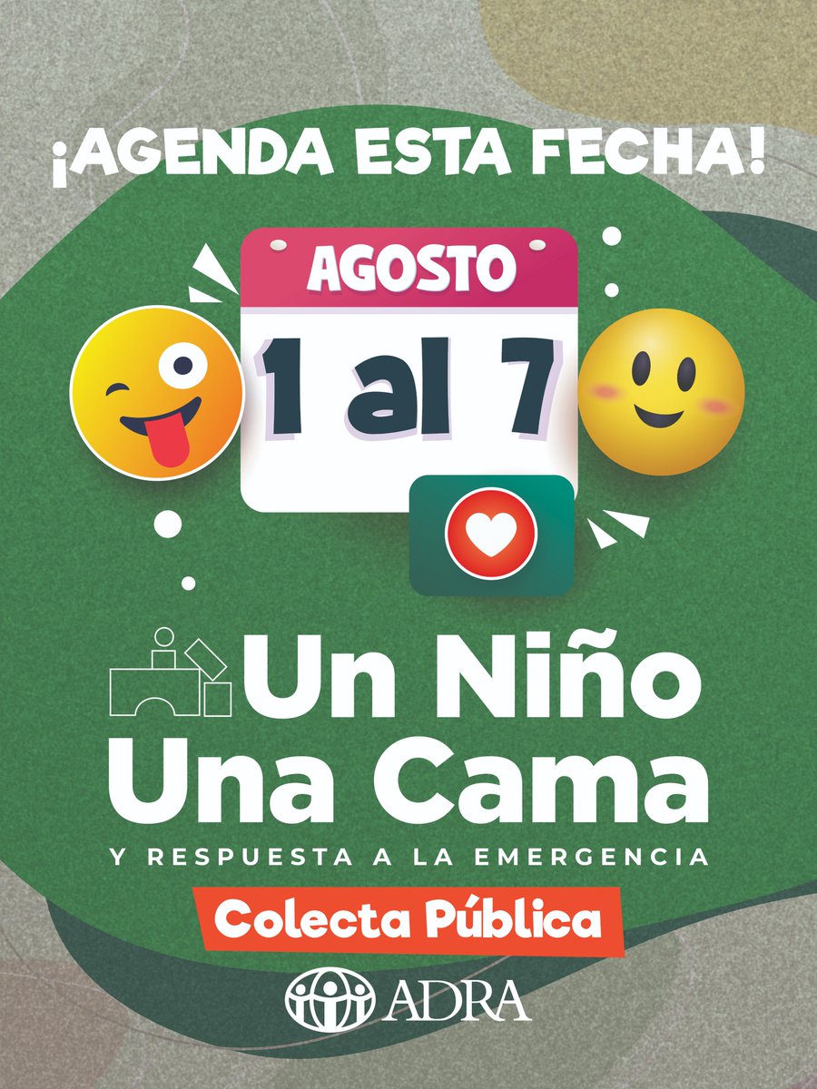 🎉✨ ¡Se viene la *Colecta Pública “Un Niño, Una Cama y Respuesta a la Emergencia”! 🛏️

En ADRA Chile salimos a las calles con una gran misión: que ningún niño/a se quede sin una cama donde dormir. 🧒🛌

🦸‍♂️ Del 1 al 7 de agosto 

💛 Dona en adra.cl