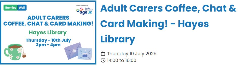 Tomorrow the Carers Support Team will be at at Hayes Library <a href="/BromLibraries/">Bromley Libraries</a> for a coffee, chat &amp; a spot of creative card making!☕️

For unpaid #carers in Bromley 

It's free, but pls email us before to book - bromleywell.org.uk/events/item/56…

See you there!
