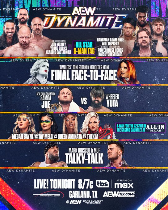 AEW on TV (@aewontv) on Twitter photo Who will carry the momentum heading into #AEWAllInTexas when we are LIVE with #AEWDynamite?
We find out TONIGHT at 8/7c on TBS and <a href="/SportsonMax/">Sports on Max</a> Who will carry the momentum heading into #AEWAllInTexas when we are LIVE with #AEWDynamite?
We find out TONIGHT at 8/7c on TBS and <a href="/SportsonMax/">Sports on Max</a>