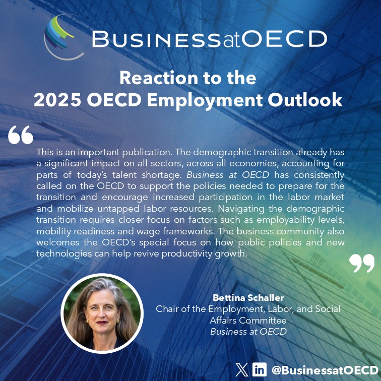BusinessatOECD's tweet image. 📣 Our Employment, Labor, and Social Affairs Committee Chair & @AdeccoGroup's @beschabo reacts to the @OECD's #Employment Outlook launch, and we appreciate the #OECD's recommendations encouraging:
📈 Boosting #skills & #job opportunities
👁️ Use of #AI & other #digital…