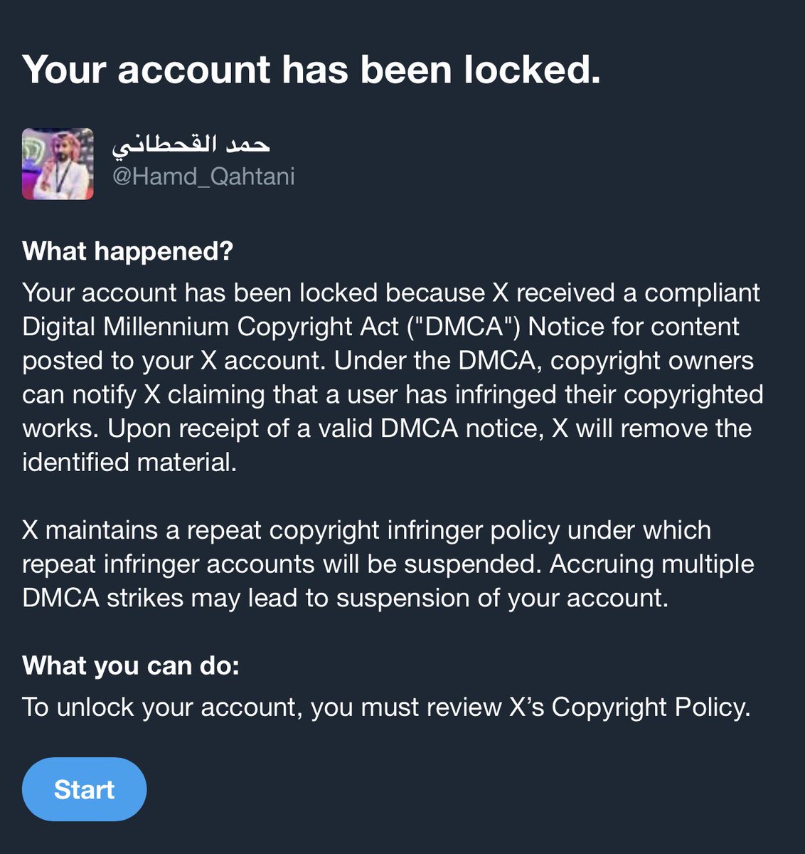 أصدقائي تكاثرت علي مخالفات حقوق النشر بسبب كثرة المشاهد التي ارفقها في التغريدات للنقاش وآخر مخالفة وصلت اليوم، وقيل لي ان زيادة التفاعل مع التغريدات يزيل هذا الوصول الجزئي الذي يسبق تعليق الحساب

لذا ان كنت تدعم استمرار الحساب وتحاشي التعليق اكتب اي شي.. نقطة، ايموجي، اقتباس