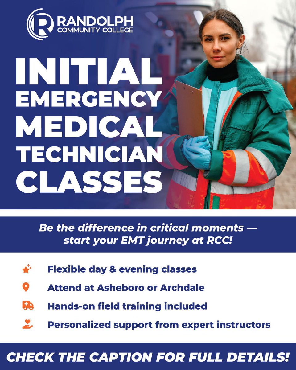 Randolph CC (@randolphcc) on Twitter photo RCC is enrolling for initial Emergency Medical Technician classes starting Aug. 19.
π₯ Class Size: Limited to 20 students per class. Secure your spot today!
π For more info and to register:
Contact Janet Ingold at 336-633-0171 or jbingold@randolph.edu RCC is enrolling for initial Emergency Medical Technician classes starting Aug. 19.
π₯ Class Size: Limited to 20 students per class. Secure your spot today!
π For more info and to register:
Contact Janet Ingold at 336-633-0171 or jbingold@randolph.edu