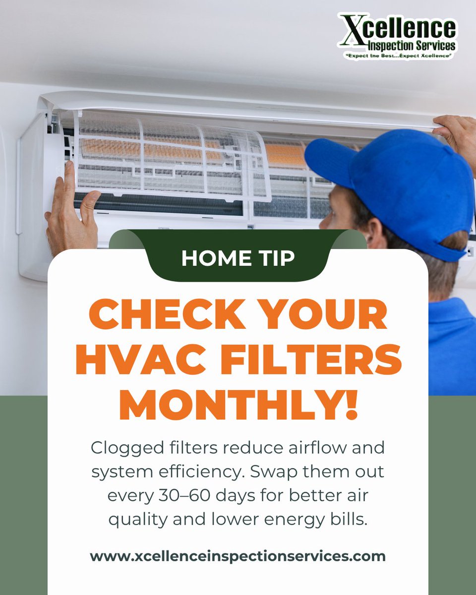 A clogged HVAC filter can raise your energy bill and lower your air quality. At Xcellence Inspection Services, we recommend checking your filters monthly and replacing them every 30–60 days to keep your home running efficiently.

✅ Clean air
✅ Efficient system
✅ Lower costs