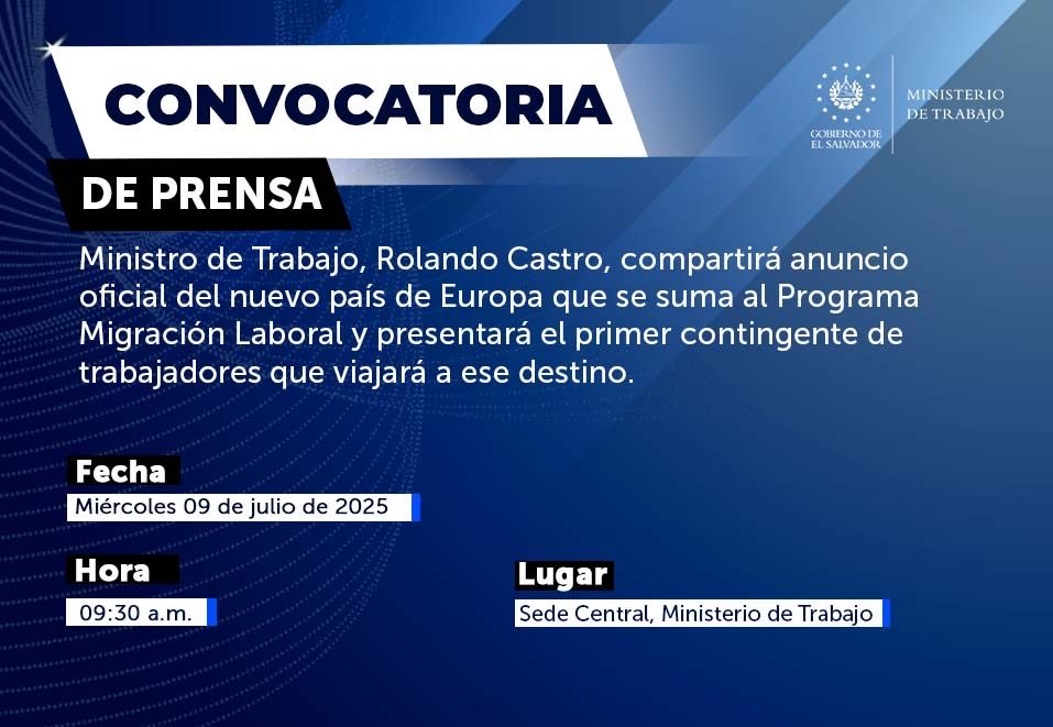 Leonardo Calderón (@lc61703132) on Twitter photo 🇸🇻✈️ Más oportunidades para los salvadoreños
Hoy, el Ministro de Trabajo <a href="/RolandoCastroSv/">Rolando Castro</a>, anunciará el próximo destino en Europa que recibirá trabajadores salvadoreños como parte del #ProgramaDeMigraciónLaboral.
📢 Los medios han sido convocados para conocer todos los detalles. 🇸🇻✈️ Más oportunidades para los salvadoreños
Hoy, el Ministro de Trabajo <a href="/RolandoCastroSv/">Rolando Castro</a>, anunciará el próximo destino en Europa que recibirá trabajadores salvadoreños como parte del #ProgramaDeMigraciónLaboral.
📢 Los medios han sido convocados para conocer todos los detalles.