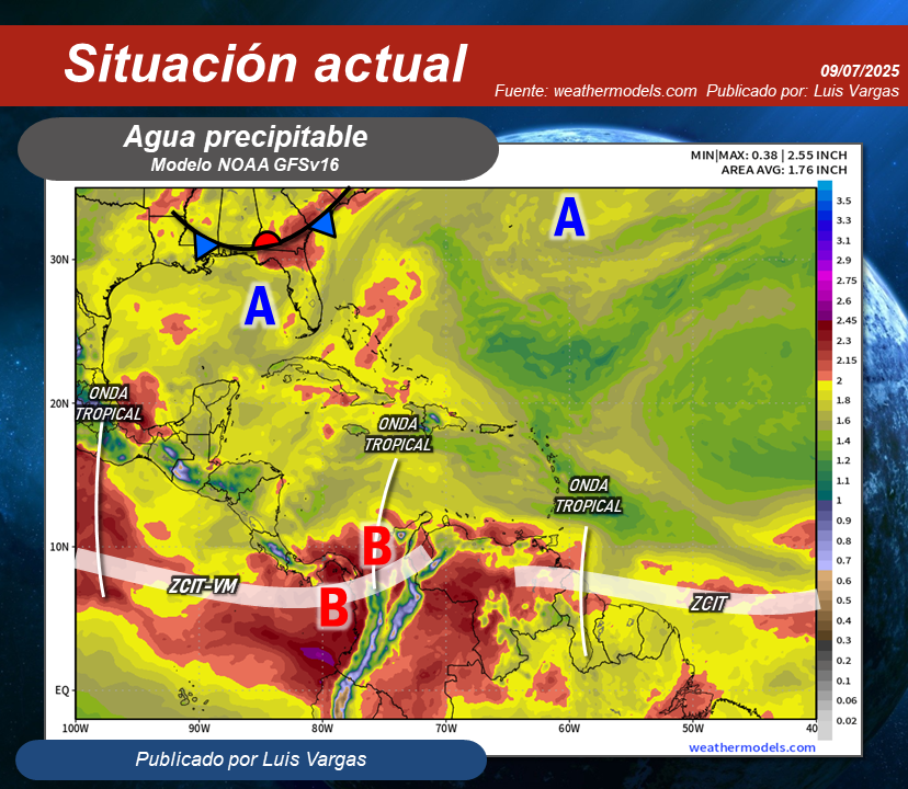 #9Jul Onda tropical que ha salido del territorio nacional y otra llegando al oriente, mantendrán activa a la Zona de Convergencia Intertropical-Vaguada Monzónica que además están siendo reforzadas por la divergencia del viento en altura, lo cual generará lluvias moderadas a