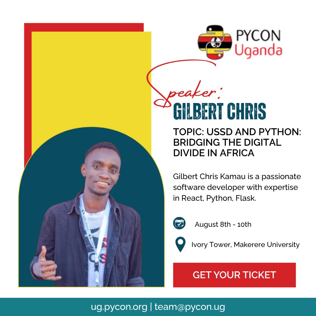 pyconuganda's tweet image. Catch Gilbert Chris speaking on:
"USSD and Python: Bridging the Digital Divide in Africa"
From code to connection, discover how tech is reaching offline users through USSD + Python.
Game-changing talk for inclusive innovation!
Register: ug.pycon.org
#PyConUganda