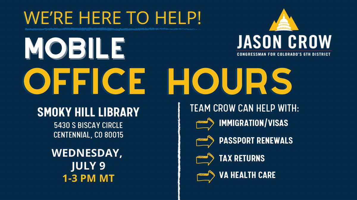 RepJasonCrow's tweet photo. Happening Today: Join #TeamCrow for Mobile Office Hours at Smoky Hill Public Library!
My office is ready to help you navigate VA benefits, visas, IRS issues, and more. https://t.co/n7IR1VKs7b