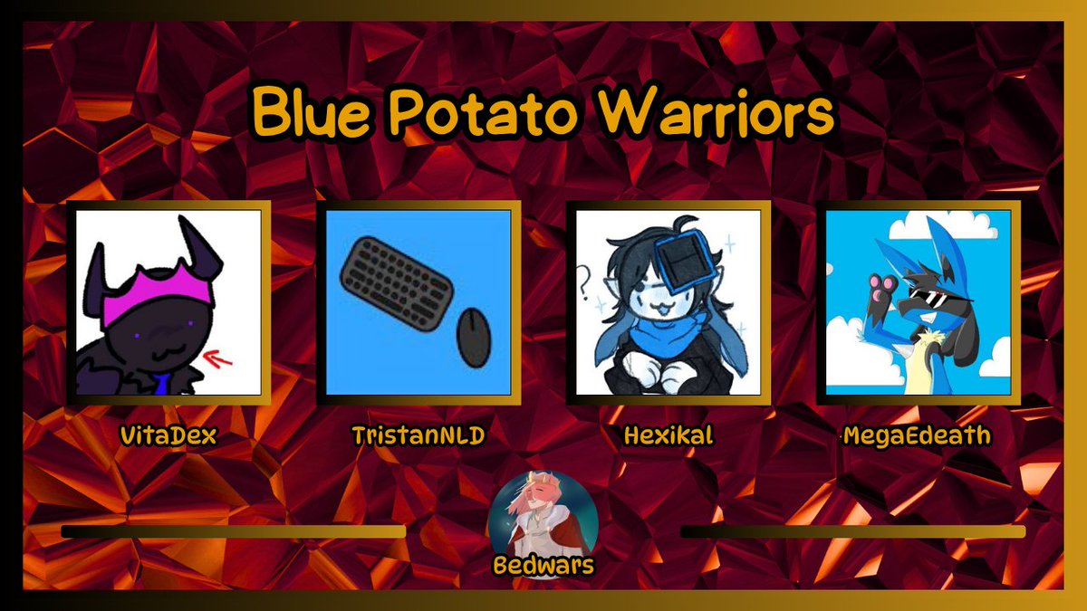 Streamers Against Cancer (@streams4sarcoma) on Twitter photo Introducing Blue Potato Warriors!
<a href="/vita_dex_/">VitaDex</a> <a href="/TristanNLD_/">TristanNLD</a> <a href="/Hexikalboom/">Hexikal</a> <a href="/MegaEdeath/">MegaEdeath</a>
Watch them in our Streamers Against Cancer Bedwars Tournament on Sunday 20 July at 5am EST / 10am BST! Introducing Blue Potato Warriors!
<a href="/vita_dex_/">VitaDex</a> <a href="/TristanNLD_/">TristanNLD</a> <a href="/Hexikalboom/">Hexikal</a> <a href="/MegaEdeath/">MegaEdeath</a>
Watch them in our Streamers Against Cancer Bedwars Tournament on Sunday 20 July at 5am EST / 10am BST!
