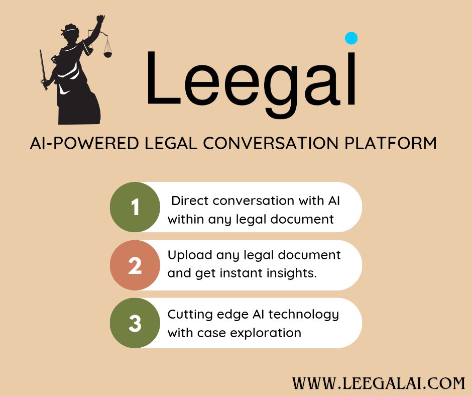 LeegalAI's tweet photo. LeegalAI is an advanced AI-powered legal conversation platform designed to simplify and streamline legal interactions. Users can directly engage with the AI to resolve queries across a range of legal topics.
To learn more, visit:- https://t.co/SCfEMlhmgZ
#legal #leegalai #AI https://t.co/ikWyNh89FY