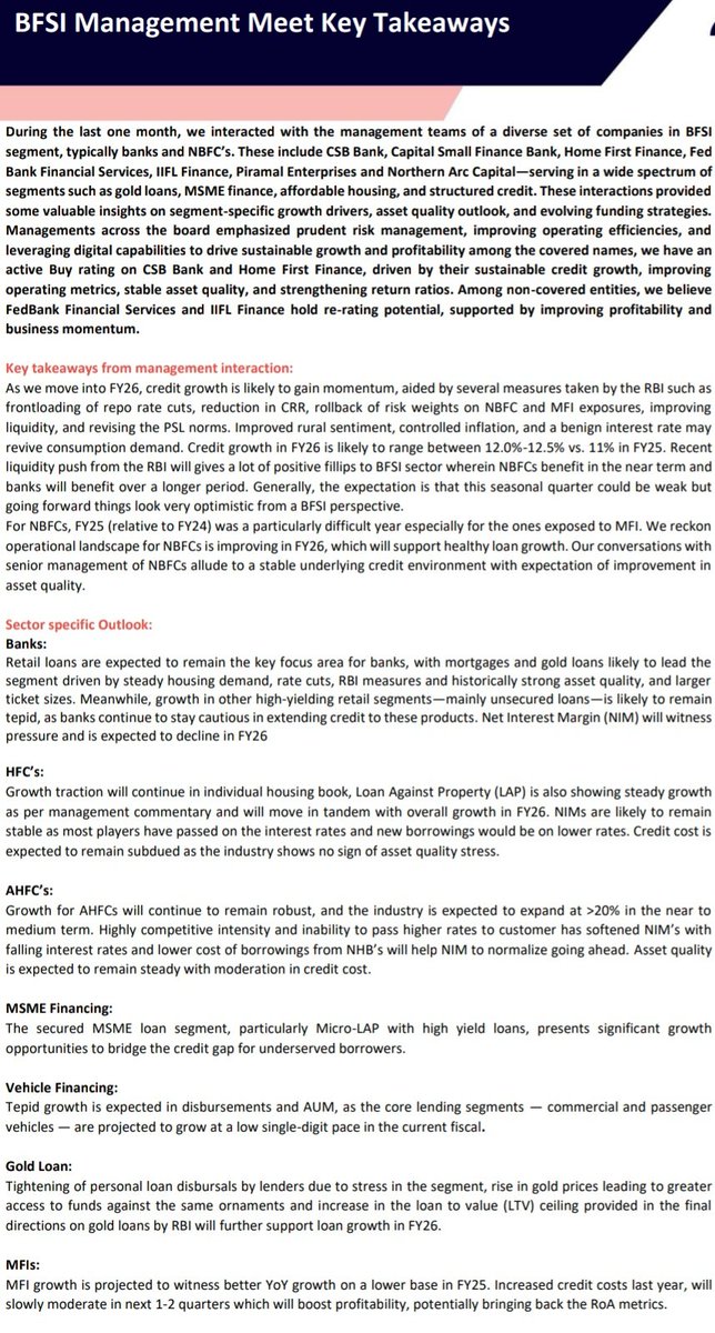 EquityInsightss's tweet photo. Nuvama BFSI Management Takeaways 

Guidance &amp; Outlook
- Fedbank Fina
- IIFL Finance 
- Northern ARC
- Home First 
- Piramal Ent
- CSB Bank
- Capital SFB https://t.co/uuNrvcFqOr