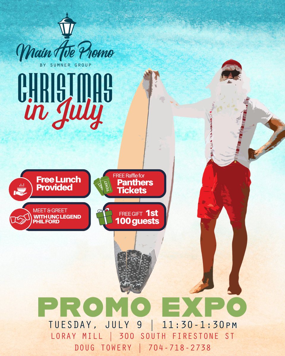 🎄🎅 Christmas in July is TODAY at the Main Ave Promo Expo!
📍 Loray Mill | 11:30–1:30
🍽️ Free lunch
🏈 Panthers ticket raffle
🎁 Free gifts for 1st 100 guests
🤝 Meet Uncle Legend Phil Ford!
#PromoExpo #ChristmasInJuly #SumnerGroup
