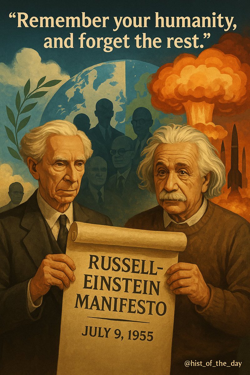 hist_of_the_day's tweet photo. #OnThisDay July 9, 1955 — The Russell–Einstein Manifesto was released in London.
Signed by 11 leading scientists including Albert Einstein and Bertrand Russell, it warned humanity of the dangers of nuclear weapons and called for peaceful resolution of conflicts. 🧵👇 https://t.co/7VfGyIMRud