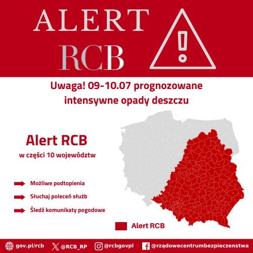 ‼️Uwaga! Alert RCB‼️

"Uwaga! 09-10.07 prognozowane intensywne opady deszczu. Przygotuj się na ewentualne podtopienia. Słuchaj poleceń służb i śledź komunikaty pogodowe."

Alert RCB został przesłany do odbiorców na terenie województw:
▪ małopolskiego;
▪ mazowieckiego;
▪