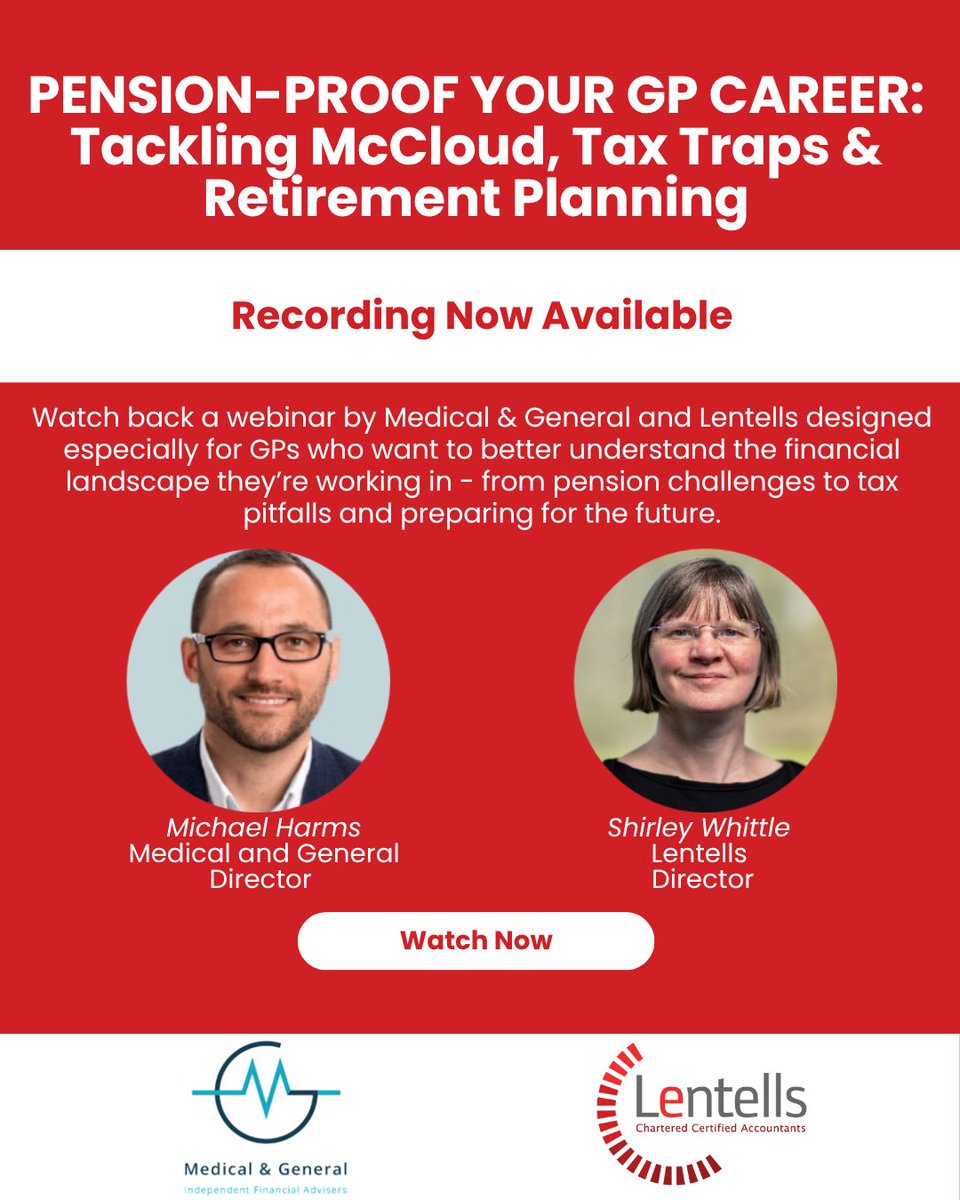 Are you a GP trying to make sense of NHS Pensions, tax traps &amp; retirement planning?

The full replay of a recent webinar with Medical &amp; General is now available! 

Watch the full replay here👇
medicalandgeneral.co.uk/videos/webinar…