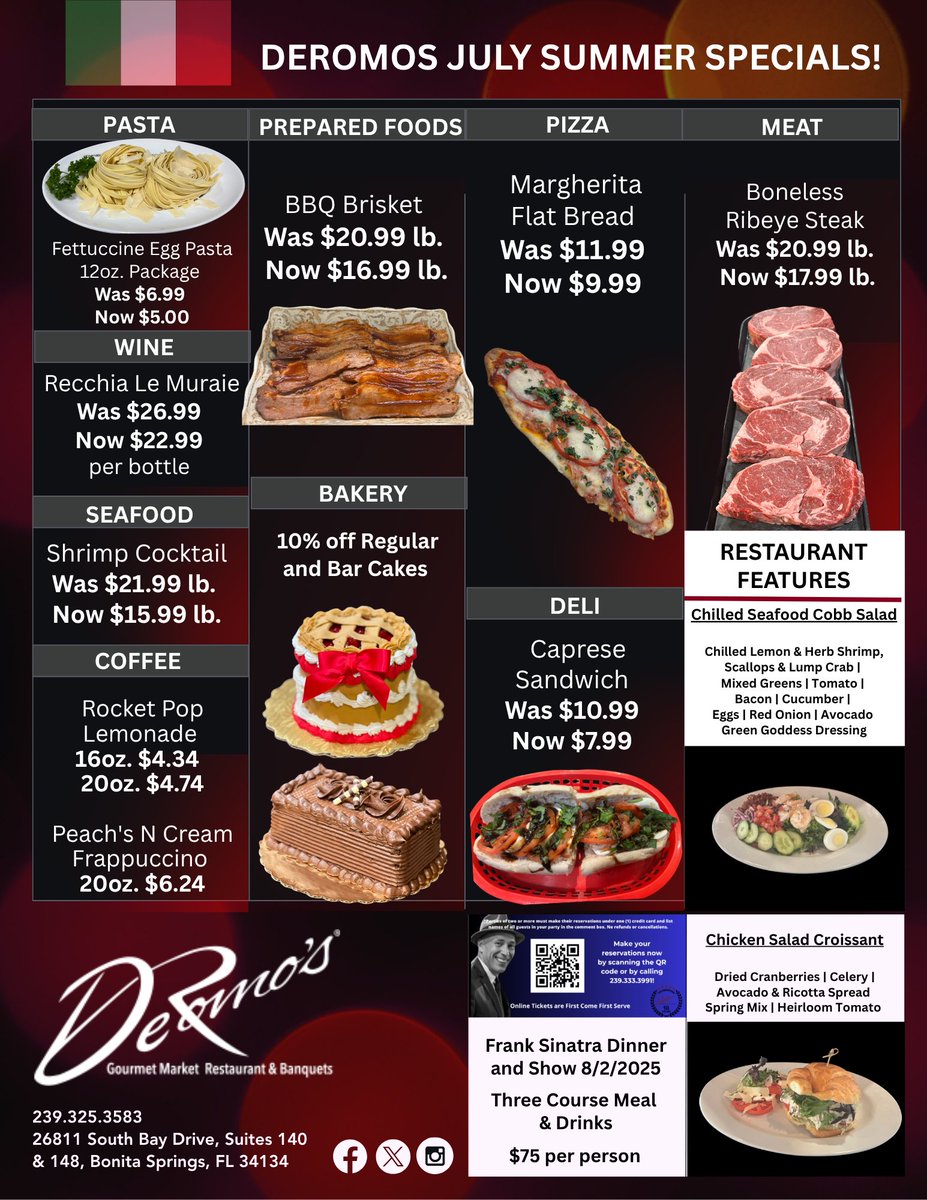 DeRomosMarket's tweet photo. ✨ Summer flavors are in full swing at DeRomo’s! ✨
From BBQ Brisket and Ribeye Steaks to Margherita Flatbreads and Caprese Sandwiches—our July Market Specials are packed with fresh, flavorful deals you won’t want to miss. https://t.co/bOXDsdRDbT