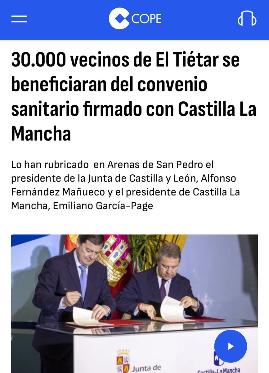 Un modelo de entendimiento que pone a las personas en el centro. 

<a href="/alferma1/">Alfonso F. Mañueco</a> y <a href="/garciapage/">Emiliano García-Page</a> rubrican su acuerdo sanitario para el Valle del Tietar.

cope.es/emisoras/casti…