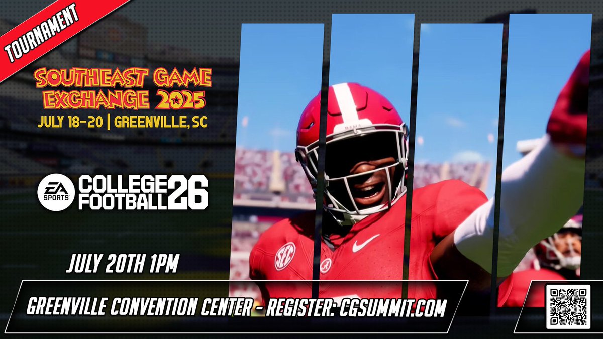 Carolina Games Summit (@cgsummit) on Twitter photo 🏈Saturday Night Football Has a New Home — SEGE🏈
Here comes <a href="/EASPORTSCollege/">EASPORTSCollege</a> at the <a href="/SEGE2025/">Southeast Game Exchange</a> . Come get exclusive access to this latest release!
📍 Greenville Convention Center | July 18-20
🏆 TOURNAMENT SCHEDULE:
July 20th @ 1PM
Winners take home college scholarships from 🏈Saturday Night Football Has a New Home — SEGE🏈
Here comes <a href="/EASPORTSCollege/">EASPORTSCollege</a> at the <a href="/SEGE2025/">Southeast Game Exchange</a> . Come get exclusive access to this latest release!
📍 Greenville Convention Center | July 18-20
🏆 TOURNAMENT SCHEDULE:
July 20th @ 1PM
Winners take home college scholarships from