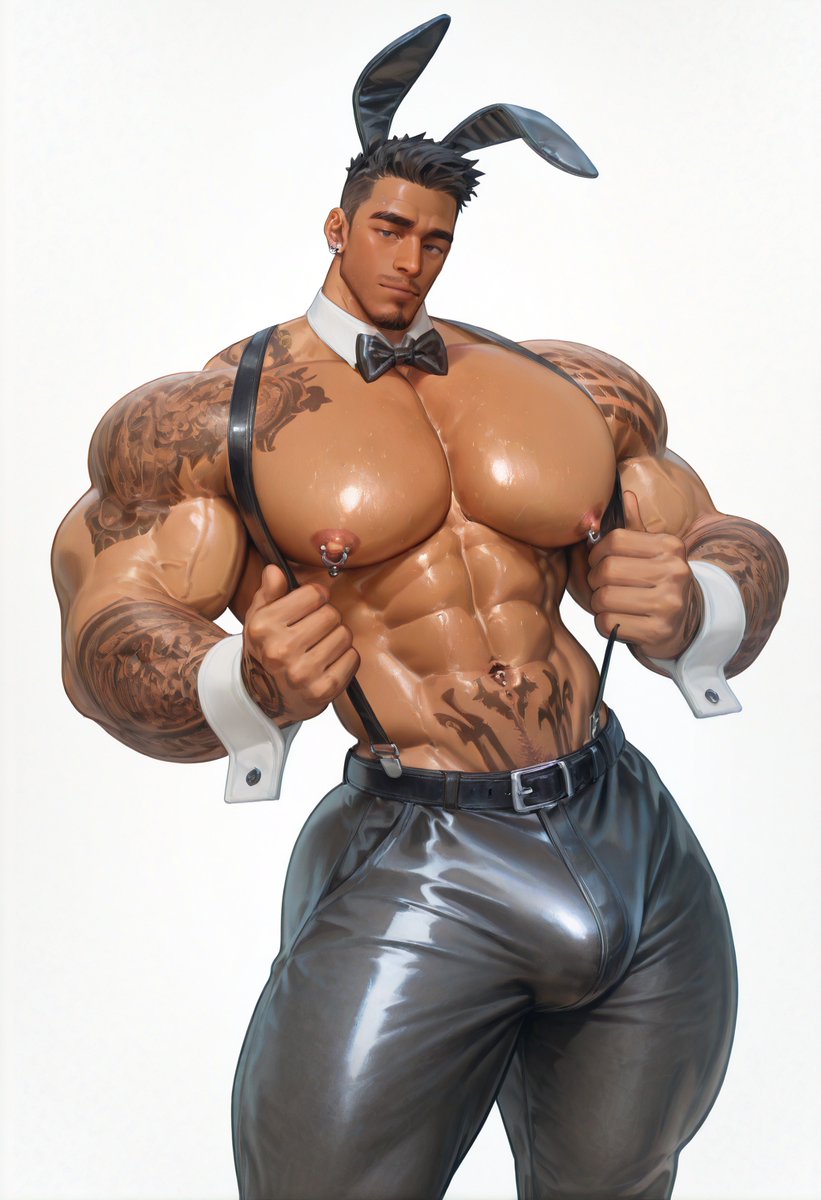 Bunny Bartender’s Naughty Shift!  Chiseled pecs in a tight suit, teasing smirk, bound by wild rules. Ready to serve or submit?  Get uncensored HD art on Patreon! Comment your order!  #bara #gayart #NSFW #bunnyboy [Patreon link]