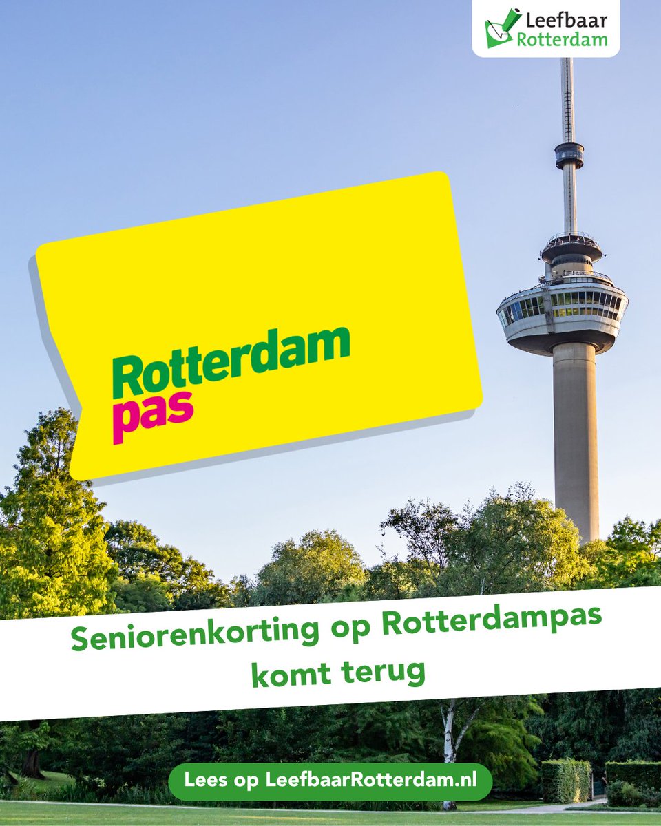 Na drie jaar aandringen door Leefbaar is het gelukt om de seniorenkorting terug te laten keren op de Rotterdampas. Rotterdamse 65-plussers betalen volgend jaar nog maar 20 euro, terwijl ouderen met een smalle beurs slechts 5 euro hoeven te betalen.

Meer: leefbaarrotterdam.nl/nieuws/seniore…