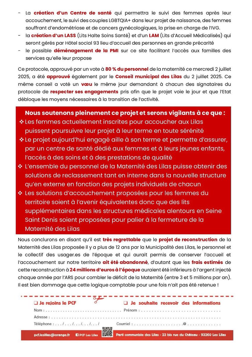 PcfLesLilas's tweet photo. Prenant acte que la situation de la @Materlilas, le @PcfLesLilas au sein de la majorité municipale soutient le projet de centre de santé pour les femmes et futurs parents tout en interrogeant sur la disparition encore d’une offre de naissance dans le 93. https://t.co/ZiXzMFaQQX