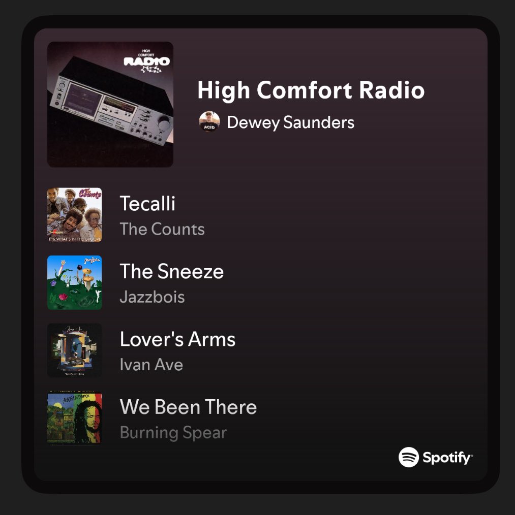 High Comfort (@high_comfort) on Twitter photo High Comfort Radio
📻 July 2025. 6+ hours.
🗺️ Stream on <a href="/Spotify/">Spotify</a>
🌉 Front to back from LA to The Bay
Featuring <a href="/radamiz/">Radamiz</a> <a href="/kamaalwilliams/">Kamaal Williams</a> <a href="/joeArmonJones/">Joe Armon-Jones</a> <a href="/sublime/">Sublime</a> <a href="/1future/">FUTURE/FREEBANDZ</a> and so many more vintage cuts, forgotten gems and stone cold grooves.
open.spotify.com/playlist/1OlpV… High Comfort Radio
📻 July 2025. 6+ hours.
🗺️ Stream on <a href="/Spotify/">Spotify</a>
🌉 Front to back from LA to The Bay
Featuring <a href="/radamiz/">Radamiz</a> <a href="/kamaalwilliams/">Kamaal Williams</a> <a href="/joeArmonJones/">Joe Armon-Jones</a> <a href="/sublime/">Sublime</a> <a href="/1future/">FUTURE/FREEBANDZ</a> and so many more vintage cuts, forgotten gems and stone cold grooves.
open.spotify.com/playlist/1OlpV…