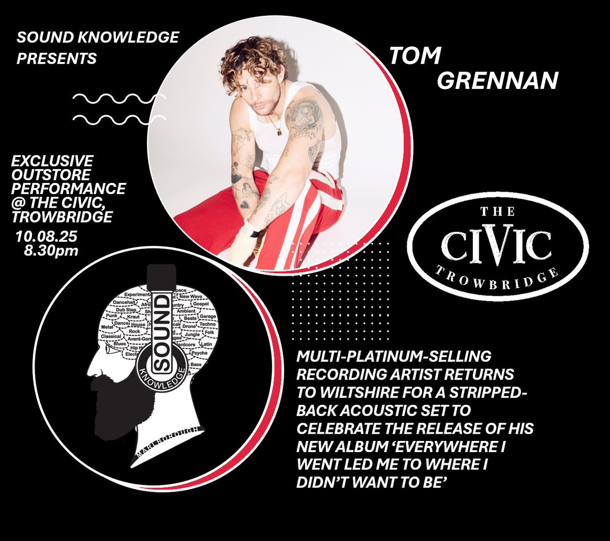 Sound Knowledge (@soundknowledge_) on Twitter photo ON SALE FROM 11am TOMORROW!
<a href="/Tom_Grennan/">Tom Grennan</a> will be returning for an outstore <a href="/TrowbridgeCivic/">The Civic Trowbridge</a> on Sunday 10th August, performing a stripped-back set at 8.30pm to celebrate the release of new album 'Everywhere I Went Led Me to Where I Didn't Want to Be'.
sound-knowledge.co.uk/products/tom-g… ON SALE FROM 11am TOMORROW!
<a href="/Tom_Grennan/">Tom Grennan</a> will be returning for an outstore <a href="/TrowbridgeCivic/">The Civic Trowbridge</a> on Sunday 10th August, performing a stripped-back set at 8.30pm to celebrate the release of new album 'Everywhere I Went Led Me to Where I Didn't Want to Be'.
sound-knowledge.co.uk/products/tom-g…