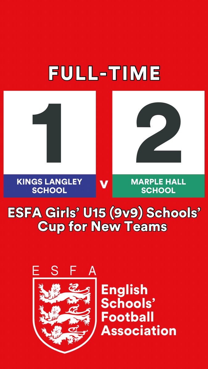SchoolsFootball's tweet photo. @KLSPE @MarpleHallPE @MarpleHall FULL-TIME 

ESFA Girls’ U15 (9v9) Schools’ Cup for New Teams

@KLSPE 1-2 @MarpleHallPE @MarpleHall https://t.co/ImG50dT0yR