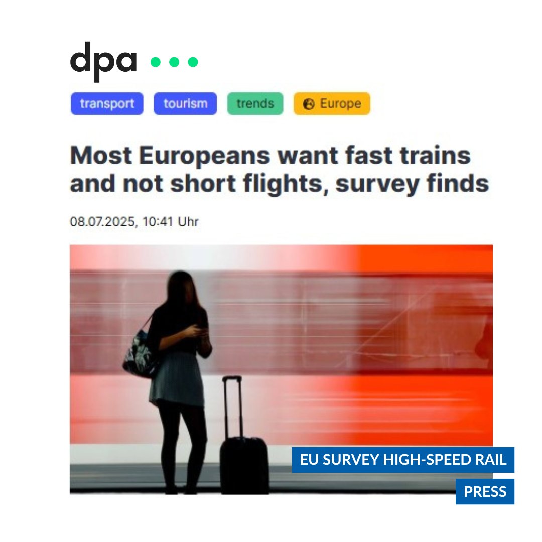 CER_railways's tweet image. The German Press Agency @dpa_intl reports findings from the EU survey on public perception of high-speed rail in Europe:
"Most Europeans want fast trains and not short flights, survey finds"
Read the article📝dpa-international.com/trends-and-fea…