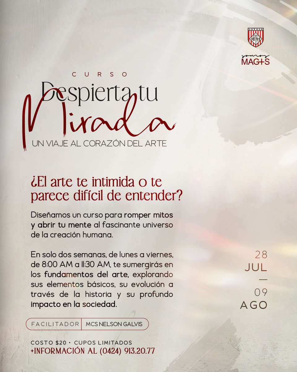 Inscríbete en este espacio formativo para conocer los elementos y principios básicos del arte 💯, potenciar la capacidad de análisis 👥, fomentar la conexión intelectual😎 y mucho más 💫

➡➕ info. detallada por WhatsApp 04249132077 o acercándote a las oficinas de Somos Magis📲