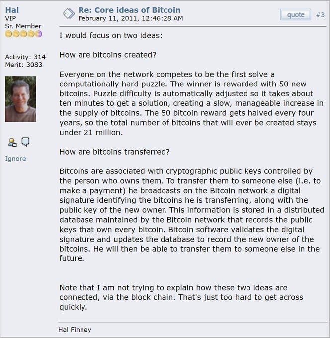 Bitcoin, [Jul 9, 2025 at 14:33]
HISTORY: 🟠 Hal Finney, back in 2011, with a timeless explanation of how #Bitcoin is created and transferred.
 t.me/bitcoin/16458