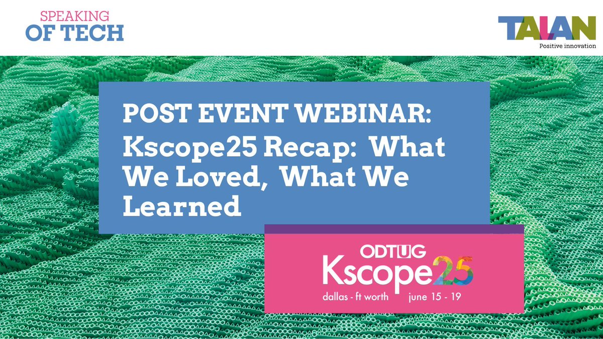 TalanOracleTech's tweet image. There’s still time to join us! Our team is recapping highlights, surprises, and stories from #Kscope25—live today at 12 PM ET.
Don’t miss the insights (and maybe a behind-the-scenes moment or two)!
Register now: createch.zoom.us/webinar/regist…
#orclapex #Oracle #Webinar