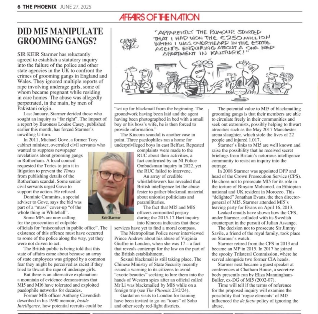 CovertHistory's tweet image. UK grooming gangs, Kier Starmer and MI5. This story, which is from a Dublin magazine called The Phoenix, deserves to be circulated in the UK.