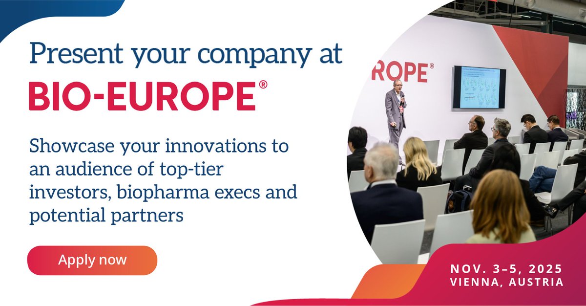 Stand out from the crowd with a company presentation at #BIOEurope®!

What are the benefits of presenting?

🤝More meetings
👀 Increased visibility
🎥Pre-record your pitch

Submit your application by July 25 for priority review &gt;&gt; spr.ly/60174tITS