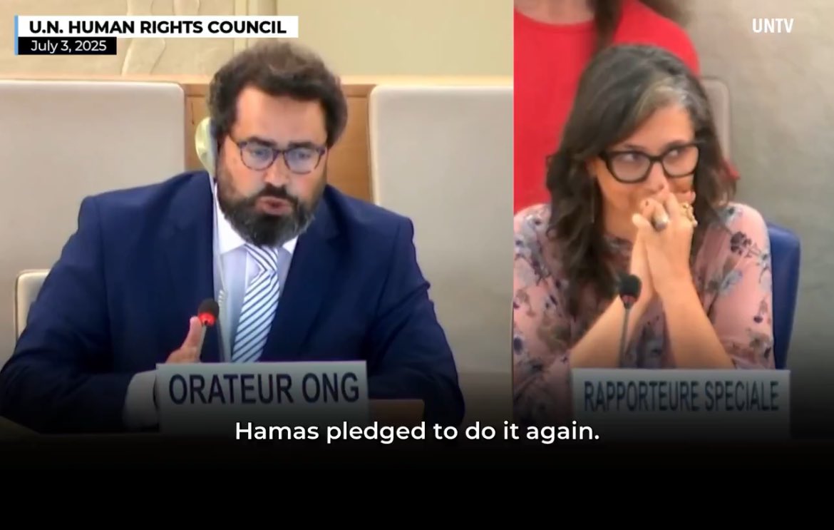 Eylon Levy (@eylonalevy) on Twitter photo Hamas fangirl <a href="/FranceskAlbs/">Francesca Albanese, UN Special Rapporteur oPt</a> can barely hide her smirk when <a href="/HillelNeuer/">Hillel Neuer</a> points out Hamas has pledged to do October 7 again. Hamas fangirl <a href="/FranceskAlbs/">Francesca Albanese, UN Special Rapporteur oPt</a> can barely hide her smirk when <a href="/HillelNeuer/">Hillel Neuer</a> points out Hamas has pledged to do October 7 again.