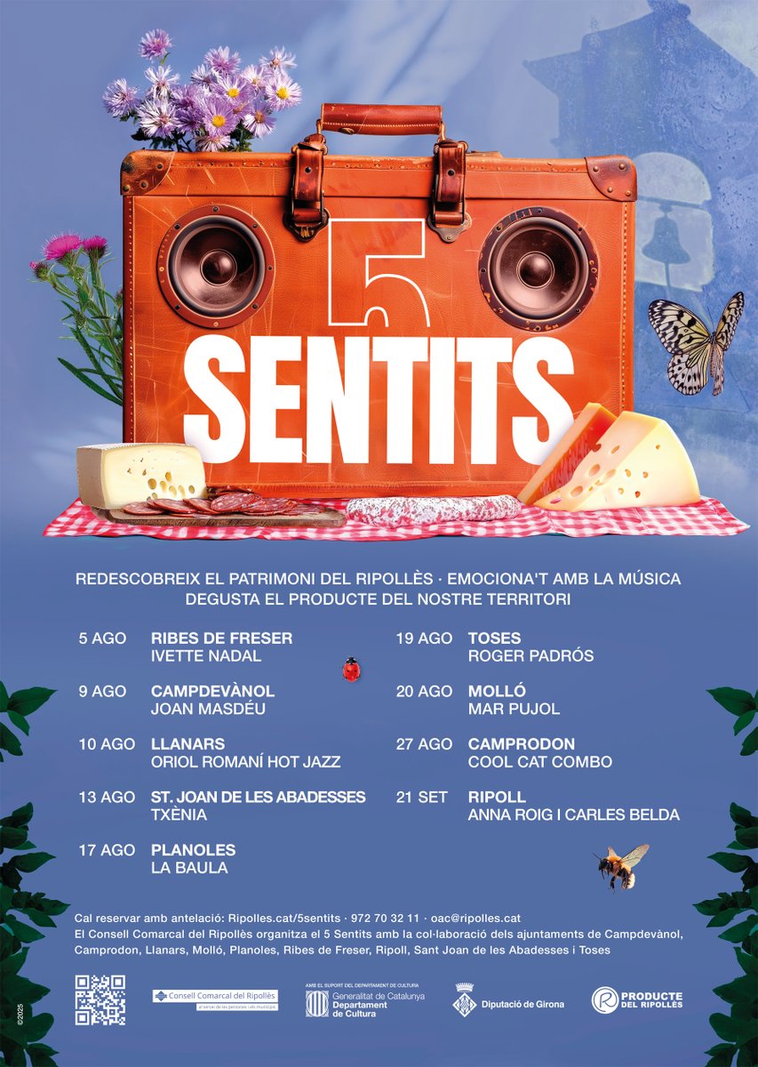 📌 5 d'agost a Ribes de Freser "Ivette Nadal"
7 d'agost a Planoles "La Baula"
19 d'agost a Toses "Roger Padrós"

REDESCOBREIX EL PATRIMONI DEL RIPOLLÈS · EMOCIONA’T AMB LA MÚSICA · DEGUSTA EL PRODUCTE DEL NOSTRE TERRITORI 🎵 😋
ripolles.cat/5sentits/