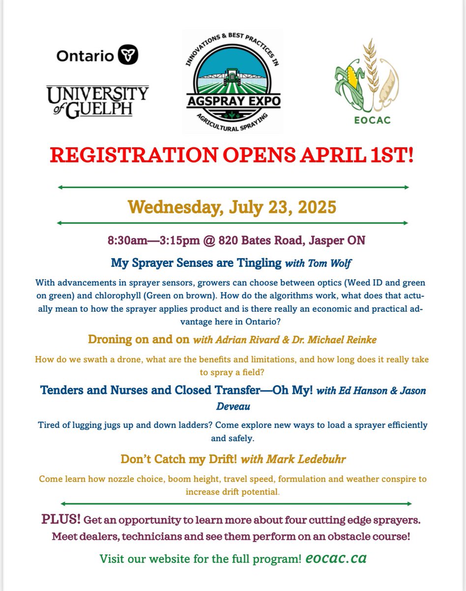 Spray_Guy's tweet image. THIS IS IT!
The 11th hour!
Last chance to register for a one-of-a-kind field day filled with spraying know-how.
-Drones
-Tender / Filling
-Drift mitigation
-Sprayer optics
-Four amazing machines running an obstacle course
Register here: eocac.ca