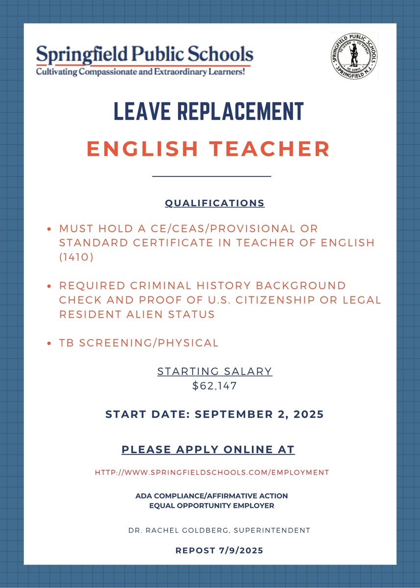 Springfield Schools (@springfieldschs) on Twitter photo Vacancy Announcement: Leave Replacement English Teacher
<a href="/NJSchoolJobs/">NJSchoolJobs.com</a>
To Apply: applitrack.com/springfield/on… Vacancy Announcement: Leave Replacement English Teacher
<a href="/NJSchoolJobs/">NJSchoolJobs.com</a>
To Apply: applitrack.com/springfield/on…