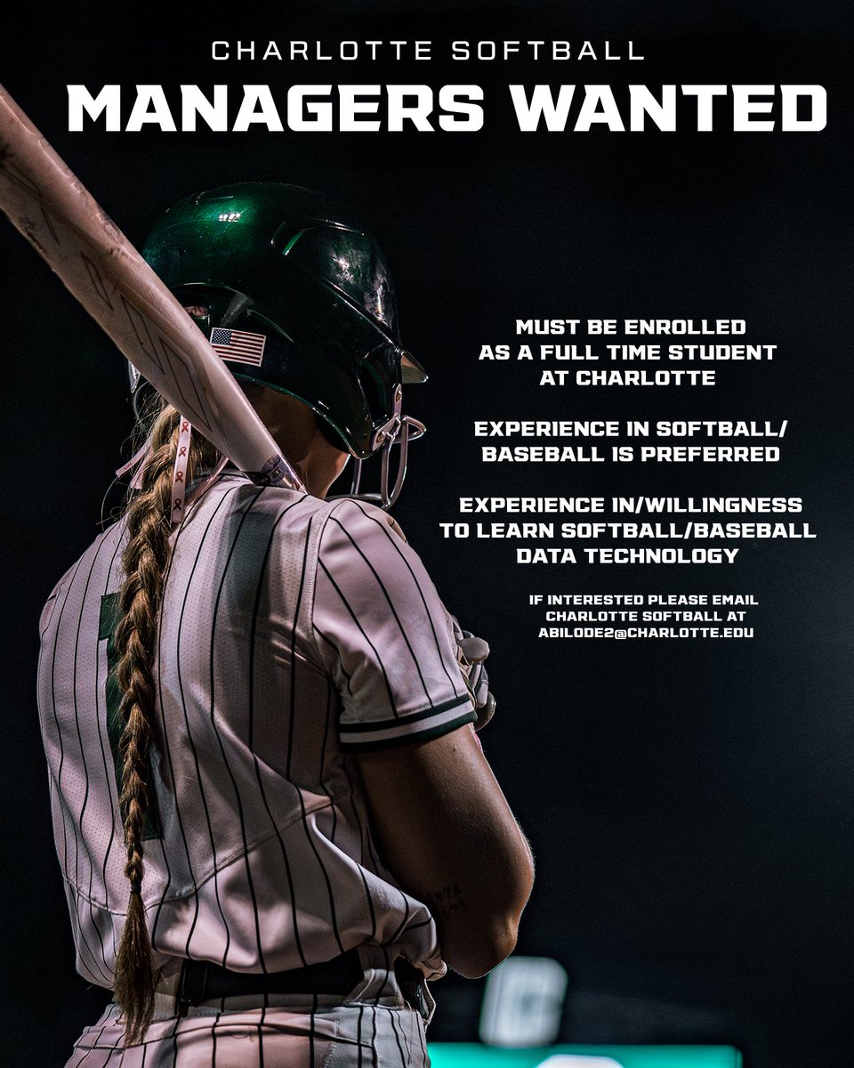 Charlotte Softball (@charlottesb) on Twitter photo ๐ ๐๐ก๐๐๐๐ฅ๐ฆ ๐ช๐๐ก๐ง๐๐ ๐ฅ
If you are interested in joining our team as a student manager please reach out to abilode2@charlotte.edu!
#GoldStandardโ๏ธ ๐ ๐๐ก๐๐๐๐ฅ๐ฆ ๐ช๐๐ก๐ง๐๐ ๐ฅ
If you are interested in joining our team as a student manager please reach out to abilode2@charlotte.edu!
#GoldStandardโ๏ธ